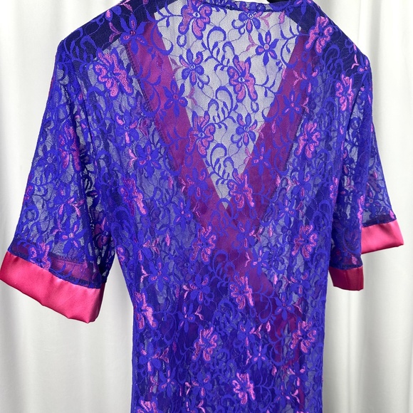 Vintage Purple Lace Wrap Robe Pink Satin Trim 80s Lingerie - Picture 12 of 16